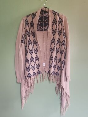 Fringed Open Front Cardigan - Beige with Blue Diamond Pattern